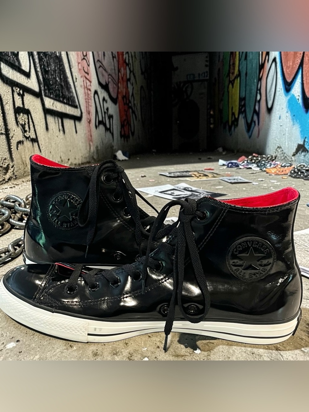 Converse Chuck Taylor High Top Glossy Patent Style Sneakers Black Red Mens 11 - Picture 4 of 6